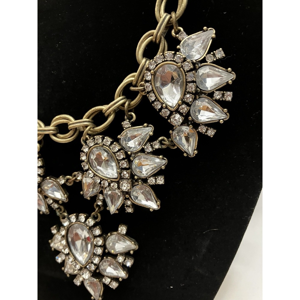Teardrop Rhinestone Crystal Statement Necklace Antiqued Gold Tone Hollywood Glam - Picture 5 of 9